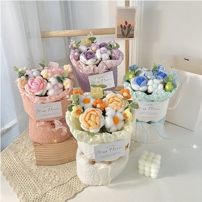 Goede prijs. Kinderdag geschenk draagbare simulatie boeket zak met gebreide pluis roos puff bloem in verschillende kleuren online