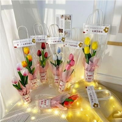 Goede prijs. Simulatie PU tulp knuffel emmer schattig wol bloem knuffel zegen geschenk creatief festival feestgeschenk groothandel online