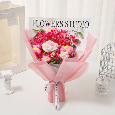 Goede prijs. Roos en baby's adem gedroogde bloemen gebreide boeket handgeweven garen bloemenarrangement 30x30cm online