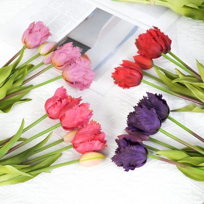 Goede prijs. Nieuwe 5-kop golvende zachte rubber tulpen kunstbloem, grensoverschrijdende high-end thuis festival decoratie tulpen kunstbloem online