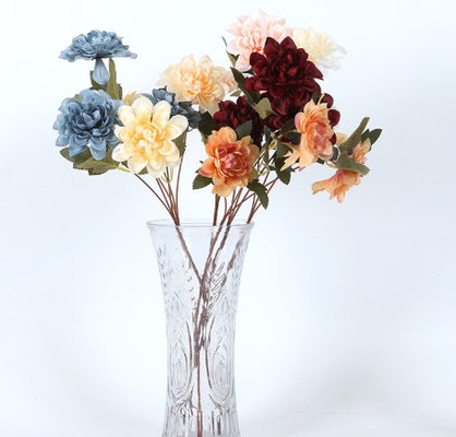 Goede prijs. Simulatie van flower silk weefsel, 3 hoofden van dahlia's, bruiloftszaal decoratie, woonkamer podium arrangement, zijde bloemen, nep bloemen, bloemen arrangement en groene planten online