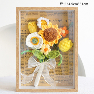 Goede prijs. Handgemaakte Crochet Zonnebloem Eeuwige Bloemen Frame Hanging Decor Geschenk voor de Dag van de Onderwijzer 22x17.5x4.5cm Gebreide stapel online