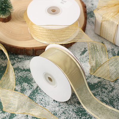 Goede prijs. Polyester kerst lint voor bakverpakking 4cm/25m Metalen draad rand cadeau verpakking lint net sneeuw lint decoratie lint online