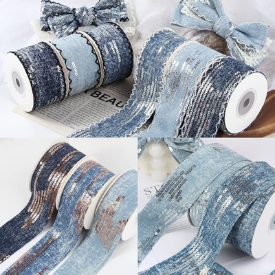 Goede prijs. Handgemaakte bogen Sequins Rechte kanten Denim Webbing Kleur Vastheid Haar Accessoires DIY Materialen Kleding Accessoires Riemen 4cm/10m online