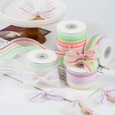 Goede prijs. 4cm/10m Vierkleurige Gestreepte Bubble Transparante Gaaslint Haaraccessoire Milieuvriendelijk Materiaal voor DIY Strik Boeket Verpakking online