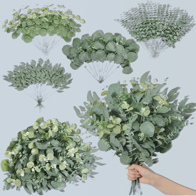 Goede prijs. Simulatie van een enkel geldblad, eucalyptusblad, kleine bloemenbundel, 5-vork Insen serie trouwbloemen arrangement accessoires, materiaal decoratie online