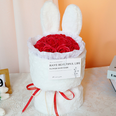 Goede prijs. Qixi Festival bloemen boeket, Moedersdag cadeau, schattig konijnenoren, kunstbloemen, zeep, bloemen boeket eindproduct online