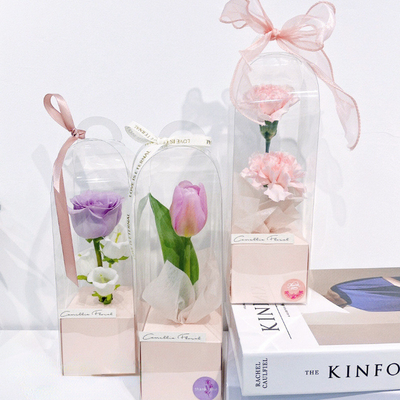 PVC transparante panoramische roos enkelvoudige bloemenarrangement doos, handheld vuurtoren bloemen verpakking, eeuwige bloemenboeket cadeau doos materiaal