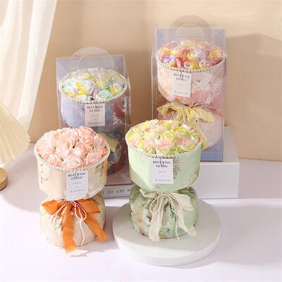 Goede prijs. Handgemaakte Moedersdag Roos Zeep Bloem Boeket Meerdere kleuren Ronde papieren doos met PVC Case 17*20cm Aanpasbaar Logo Festival Bloemencadeau online