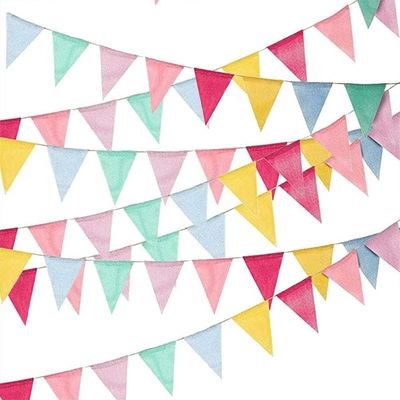 Goede prijs. Kleurrijke Bunting van het Jutelinnen markeert Wimpelbanner voor Gelukkige Verjaardagspartij online